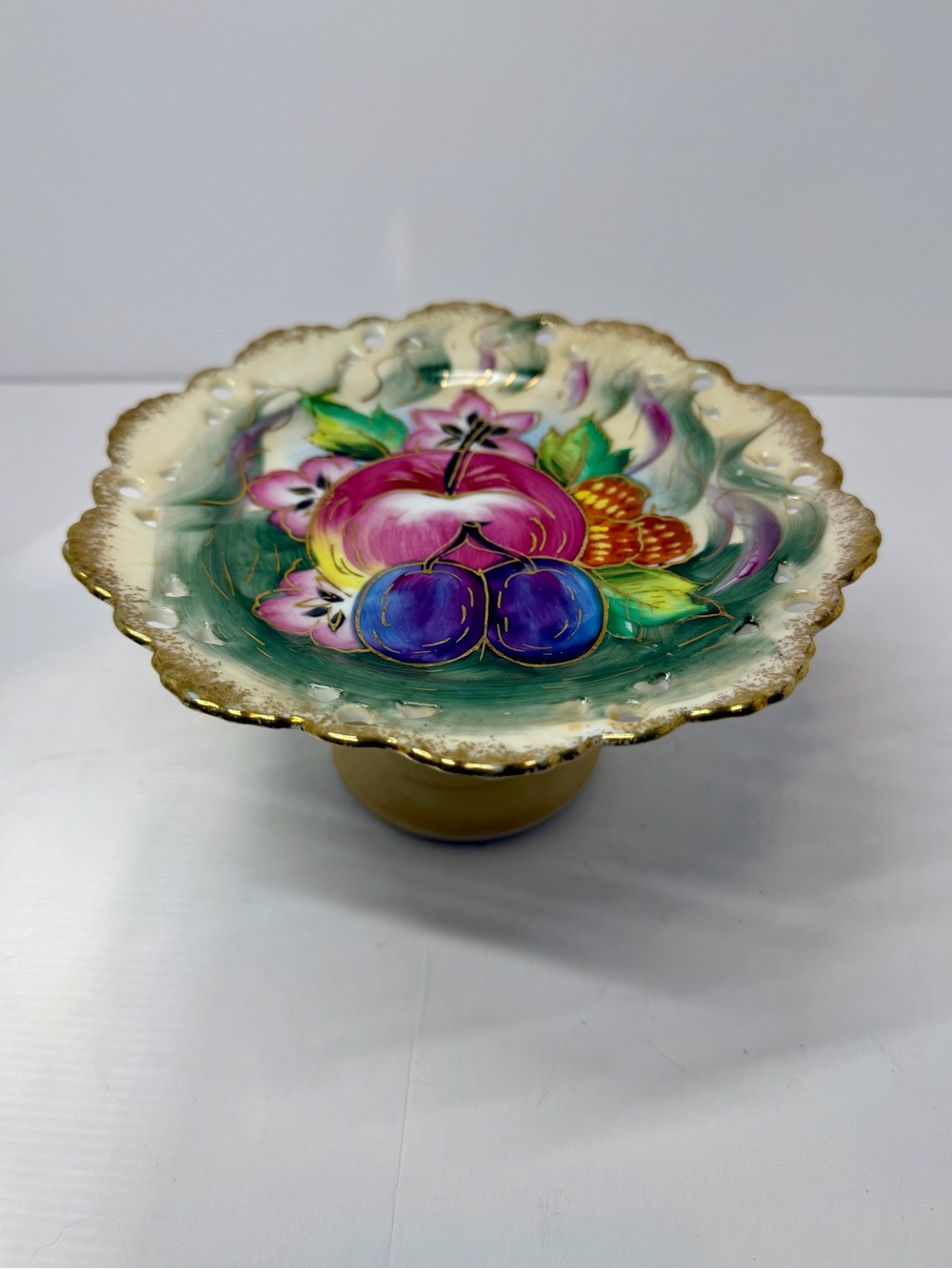 Vintage Wales China Hand-Painted Porcelain Pedestal Compote Stand, Fruit & Gold